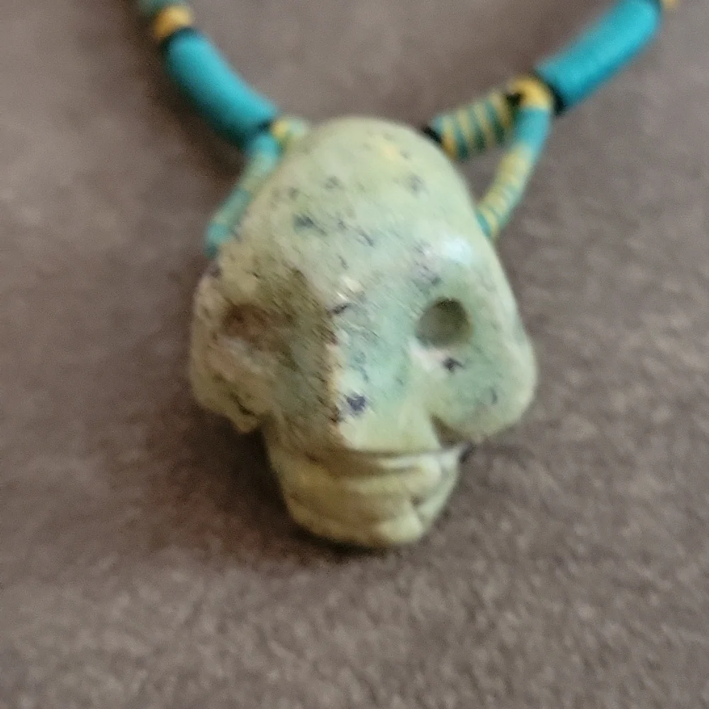 Vtg Rainbow Tribal African Jade Skull Rope Apocalyptic Festival Necklace